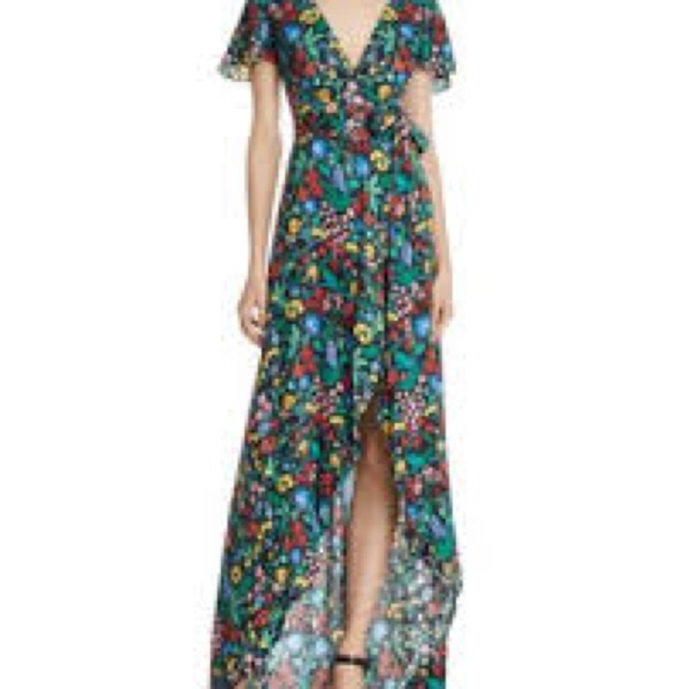 Alice + Olivia Green Pink Yellow Blue Wrap Ruffled Sundress - Picture 2 of 5